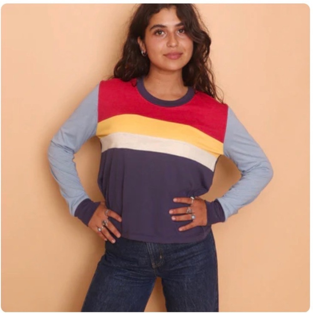 Camp Collection Colorblock Long Sleeve T-Shirt Retro Stripe Navy Red Large